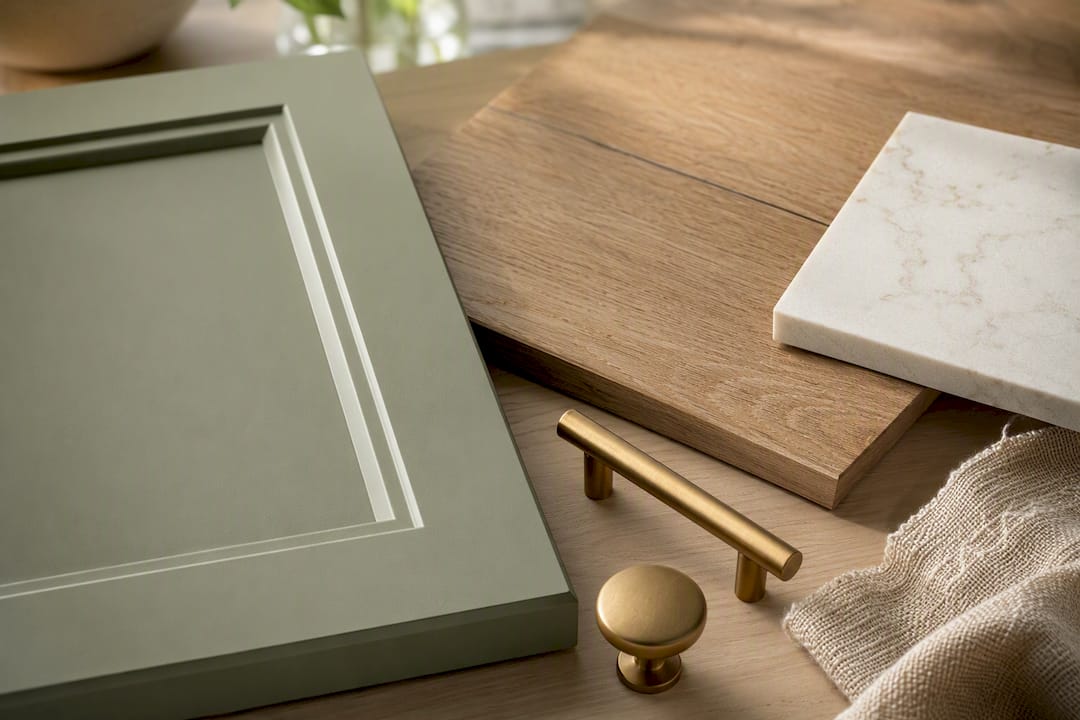 Sage cabinet sample with warm material pairings