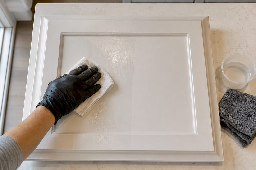 Wiping liquid deglosser on cabinet panel