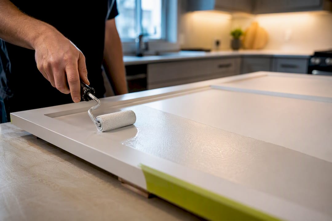 Applying bonding primer to cabinet door