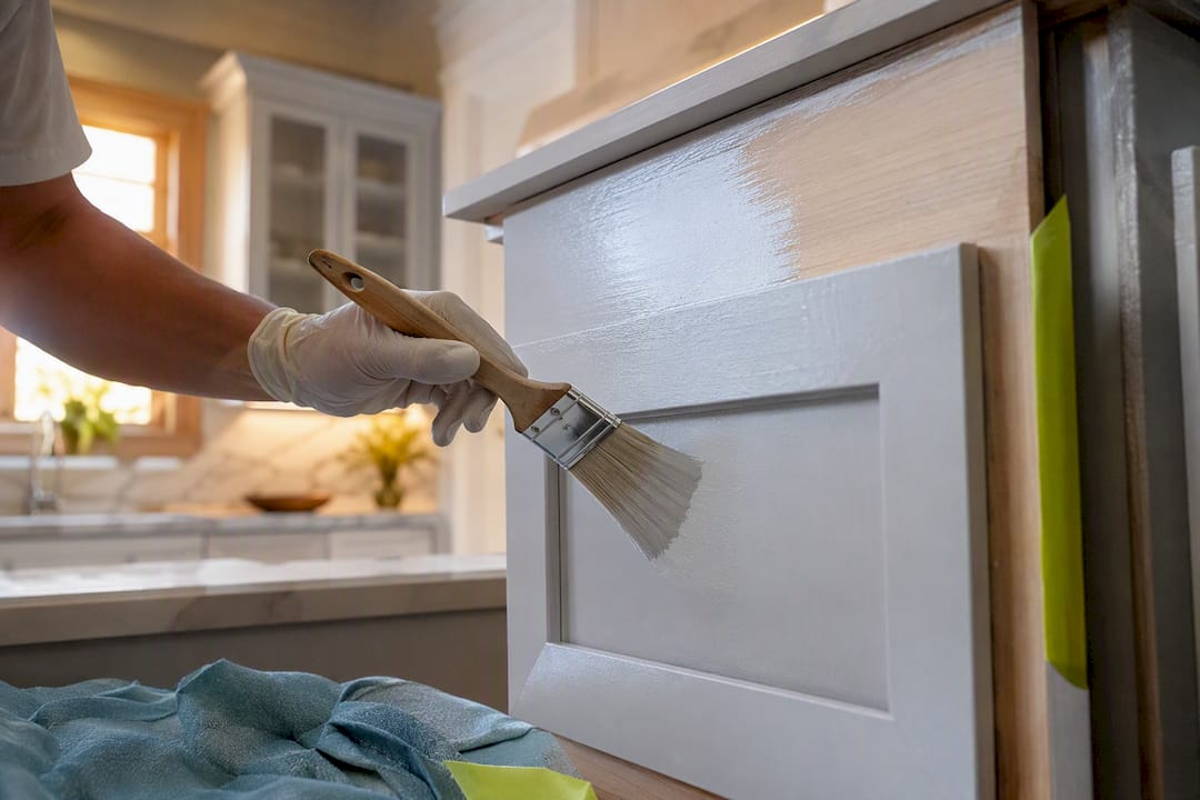 Refinisher painting a kitchen cabinet door