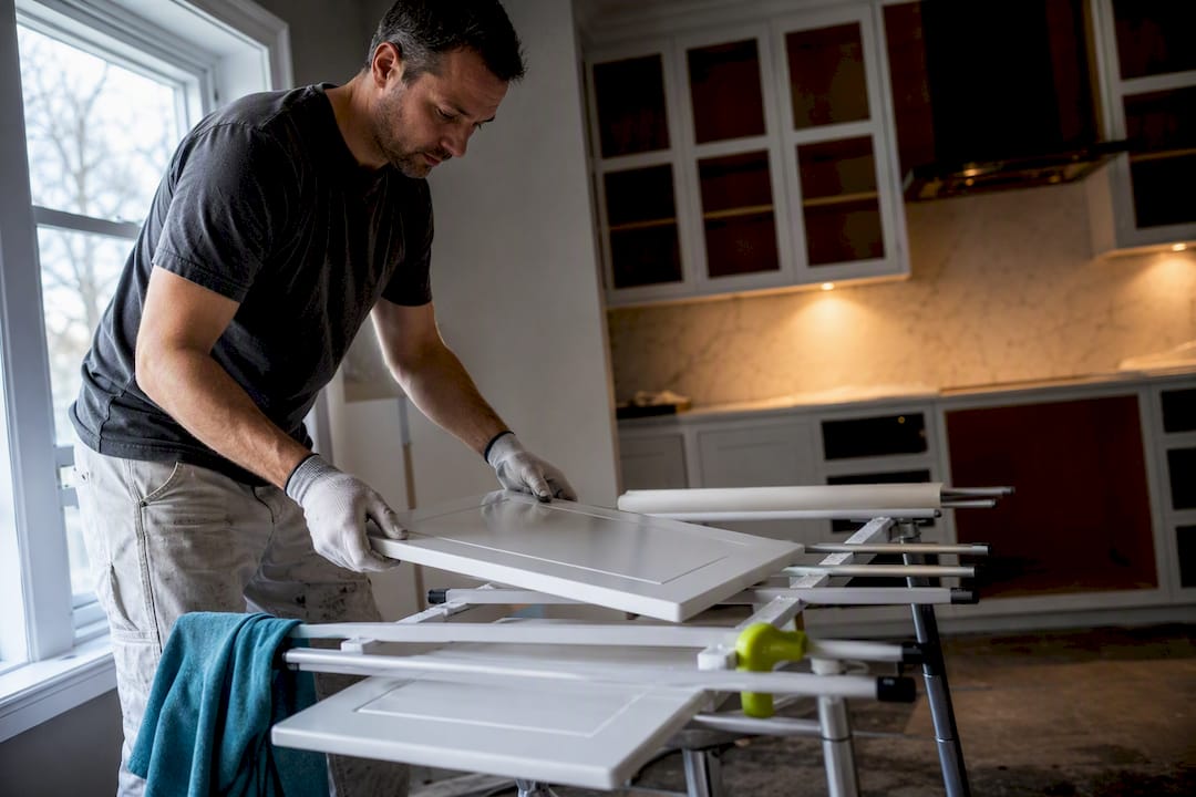 Cabinet doors drying during kitchen painting
