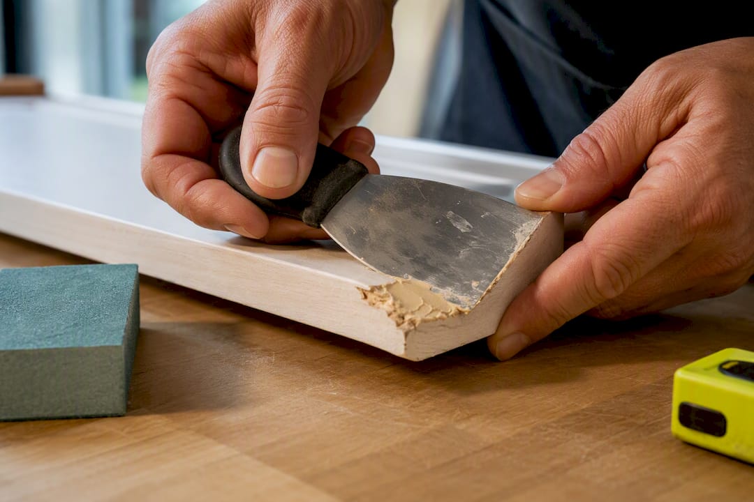 Applying wood filler to cabinet door damage