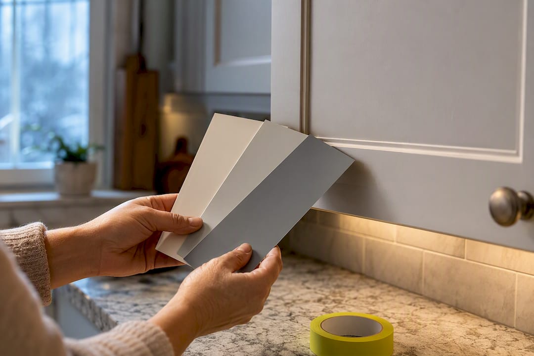 Homeowner testing cabinet paint colors