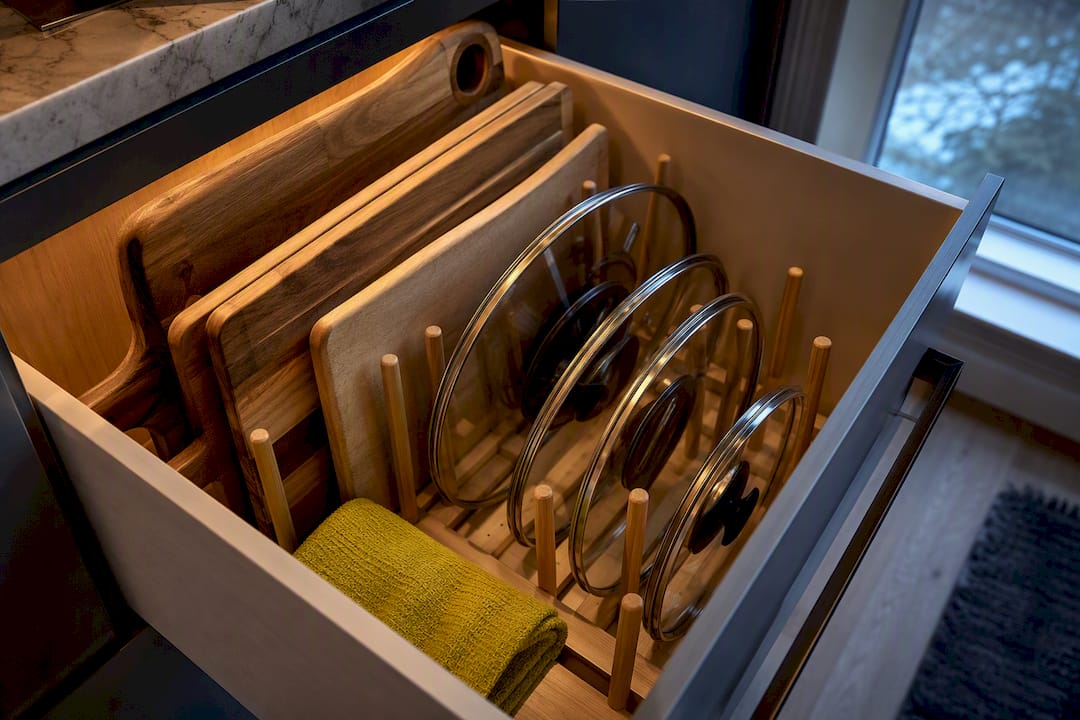 Deep kitchen drawer organized with peg rails