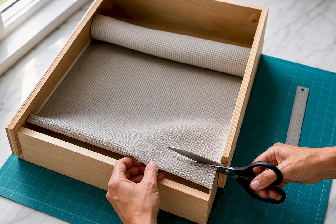Drawer liner being trimmed to fit