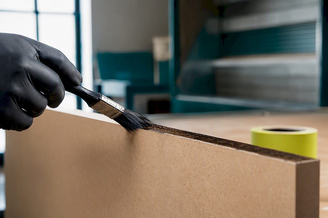 Professional sealing a raw MDF cabinet edge