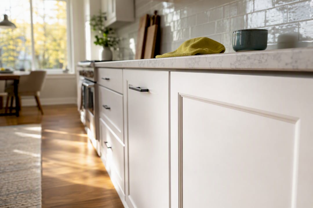 Professionally painted white kitchen cabinet detail