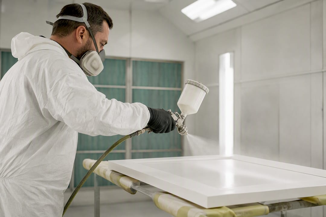Finisher spraying smooth paint onto cabinet door