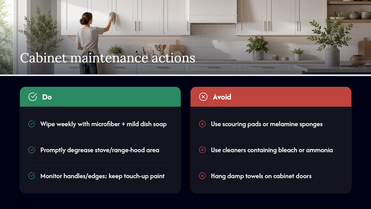 White cabinet maintenance actions infographic