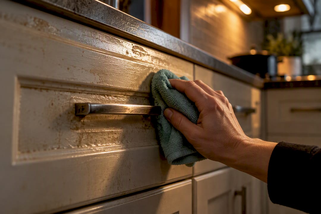 Close-up of worn kitchen cabinet finish