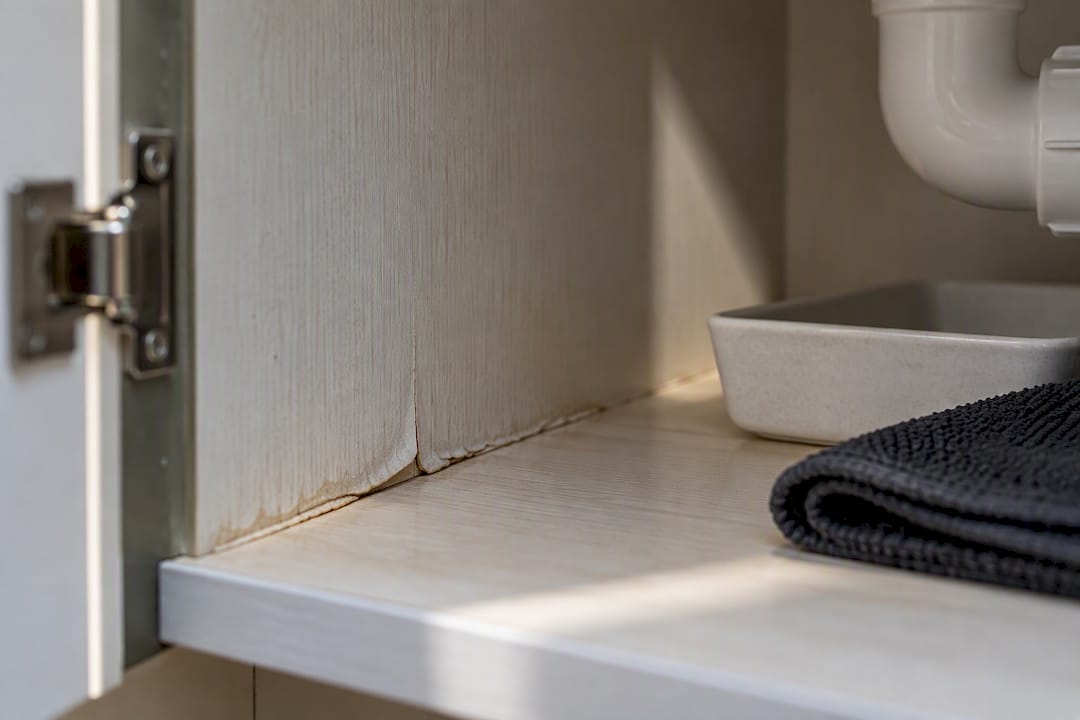 Swollen veneer seam inside damp cabinet