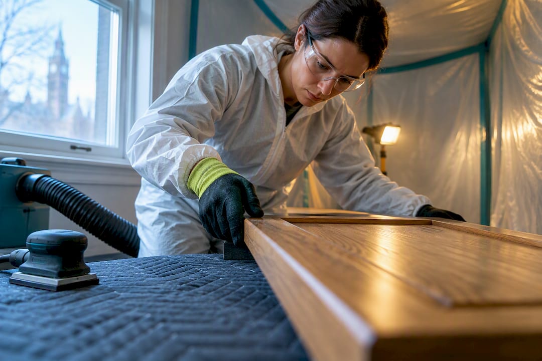 Lead-safe oak cabinet refinishing setup