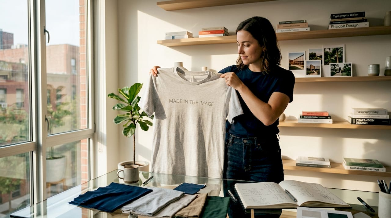 Designer reviewing faith apparel typography in studio