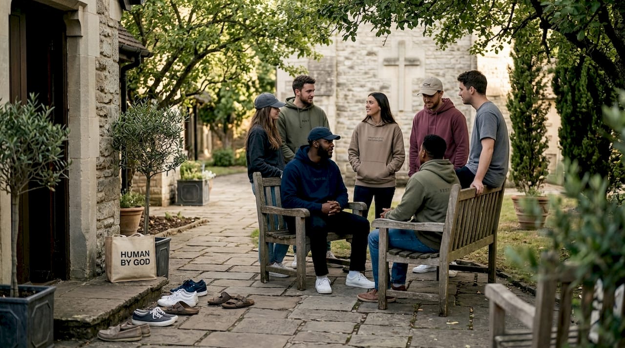 Young adults in minimalist faith apparel arriving at church