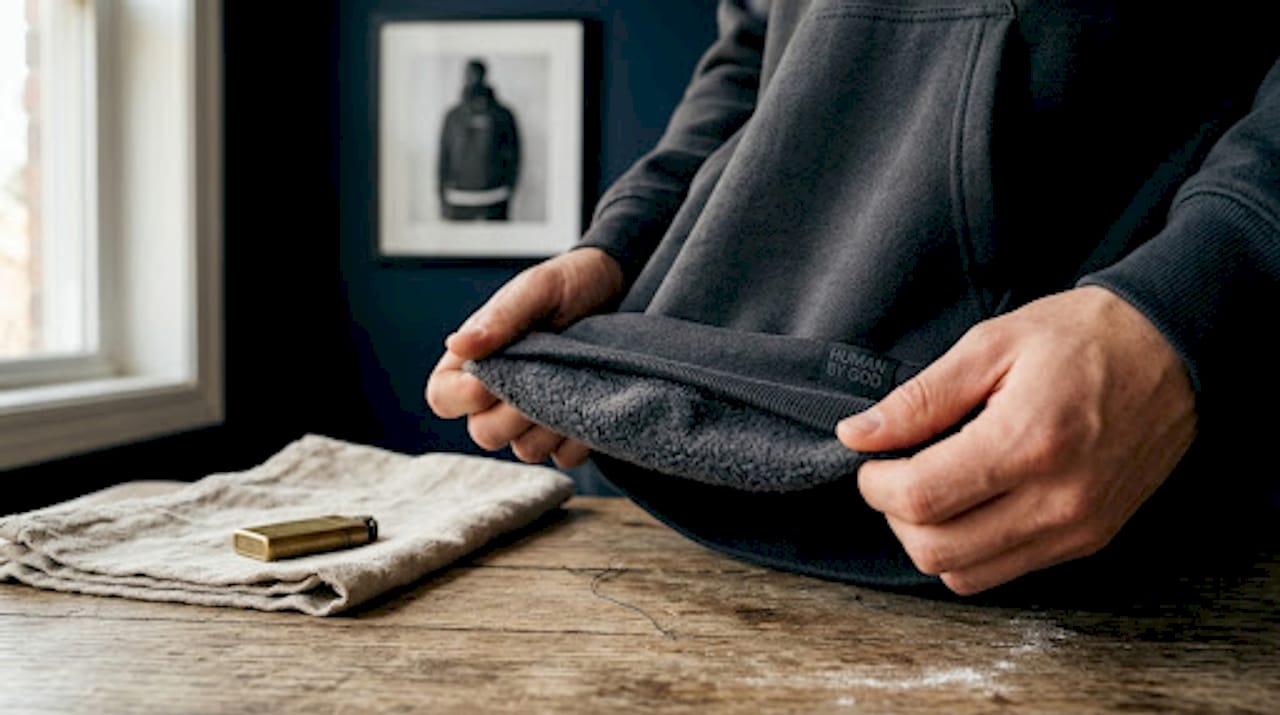 Hands testing premium Christian hoodie fabric