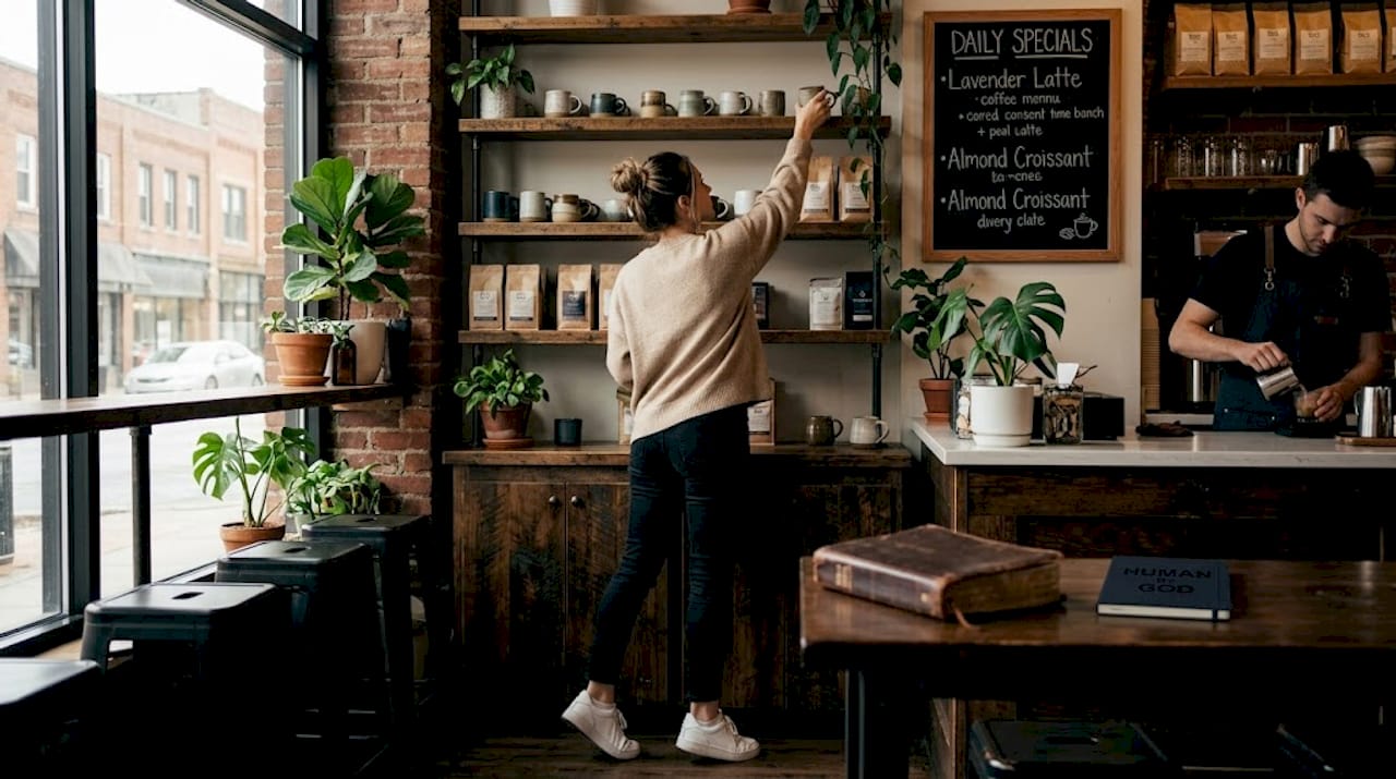 Young woman in modest casual outfit in kitchen