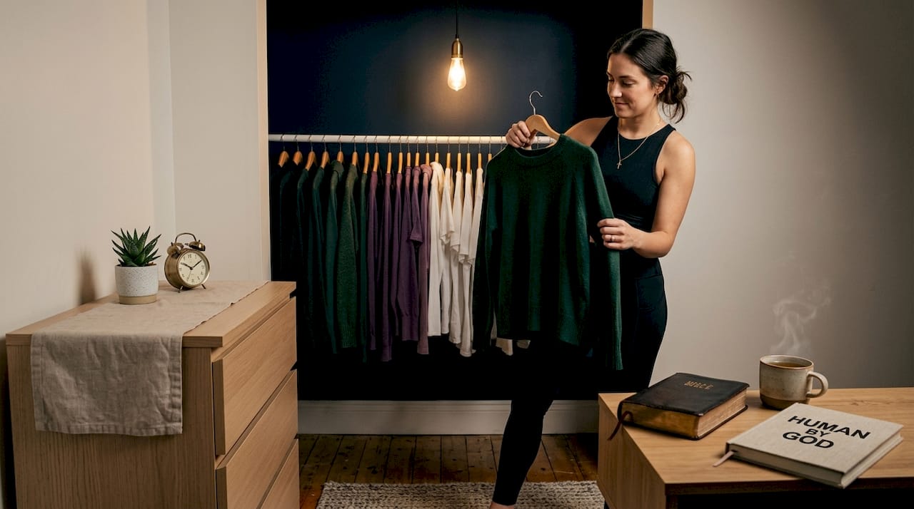 Woman organizing color-coded wardrobe by window