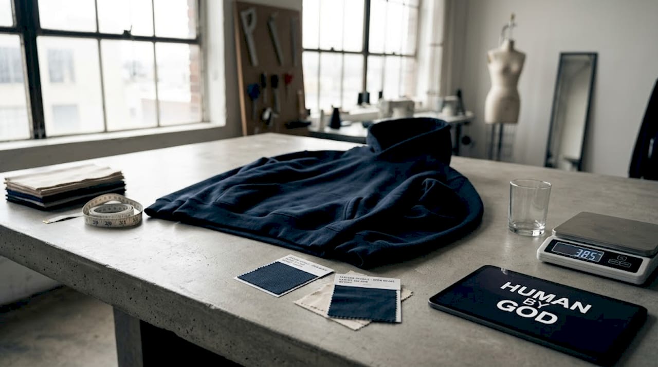 Designer workspace with premium fleece hoodie details