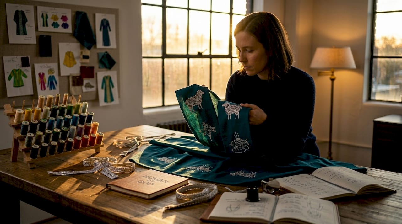 Designer surveys ornate scriptural textile in historic studio