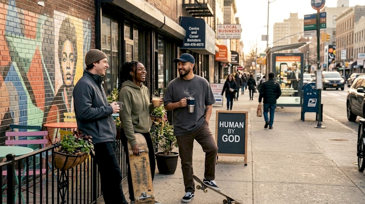 Young adults in streetwear talking outside record store
