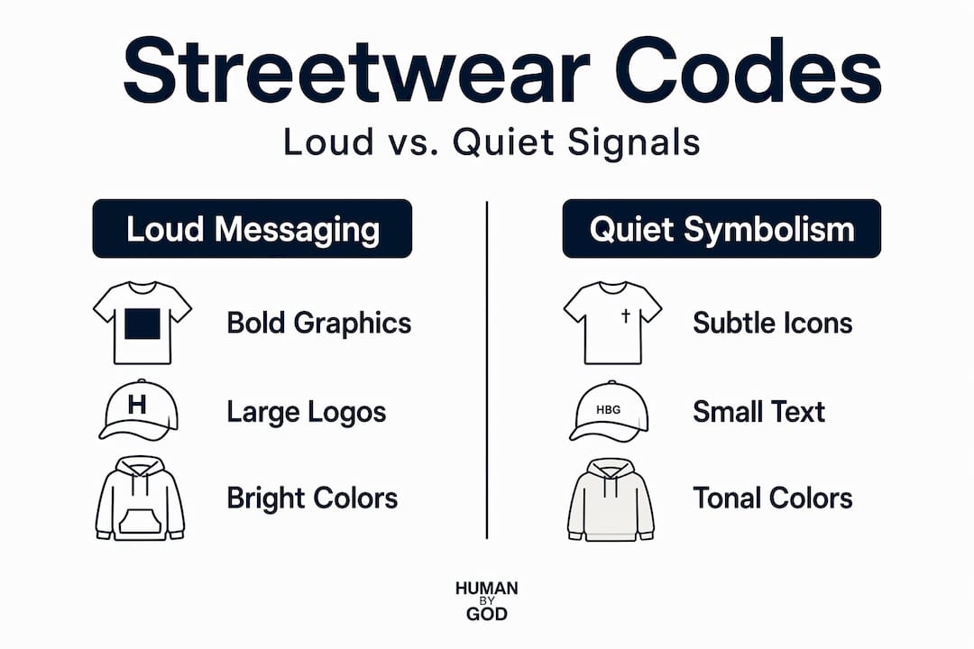 Infographic comparing loud messaging and quiet symbolism in streetwear