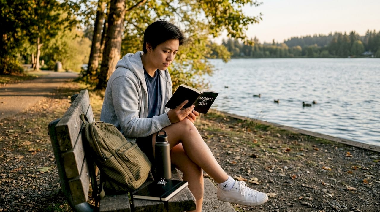 Young adult in faith-based apparel reading outdoors