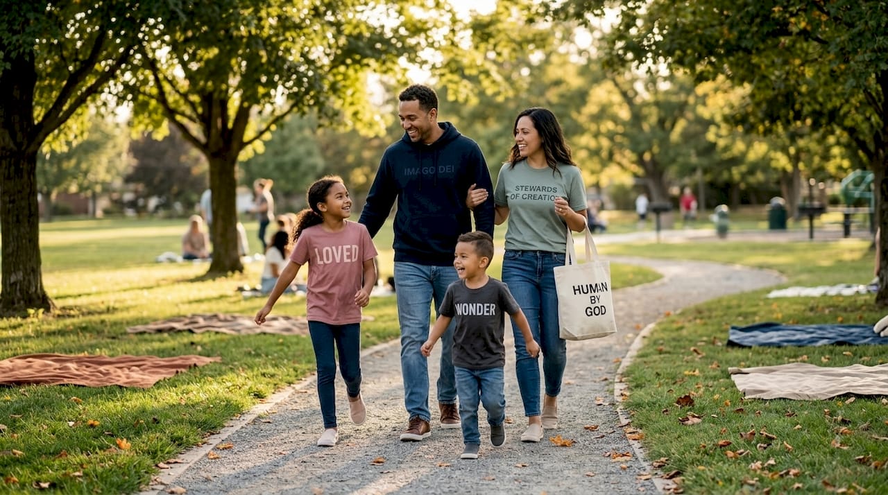 Family walking in Christian t-shirts