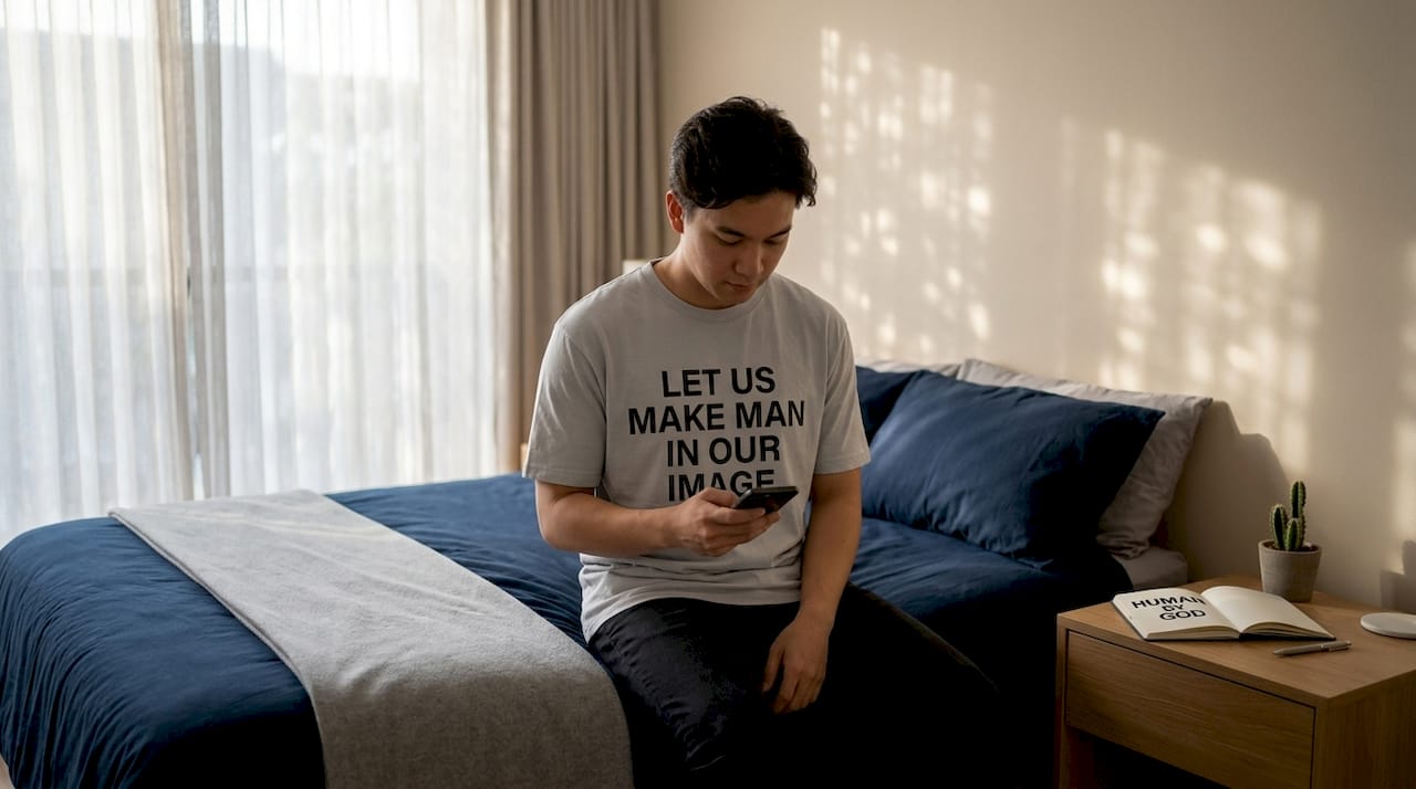 Person wearing modern scripture t-shirt