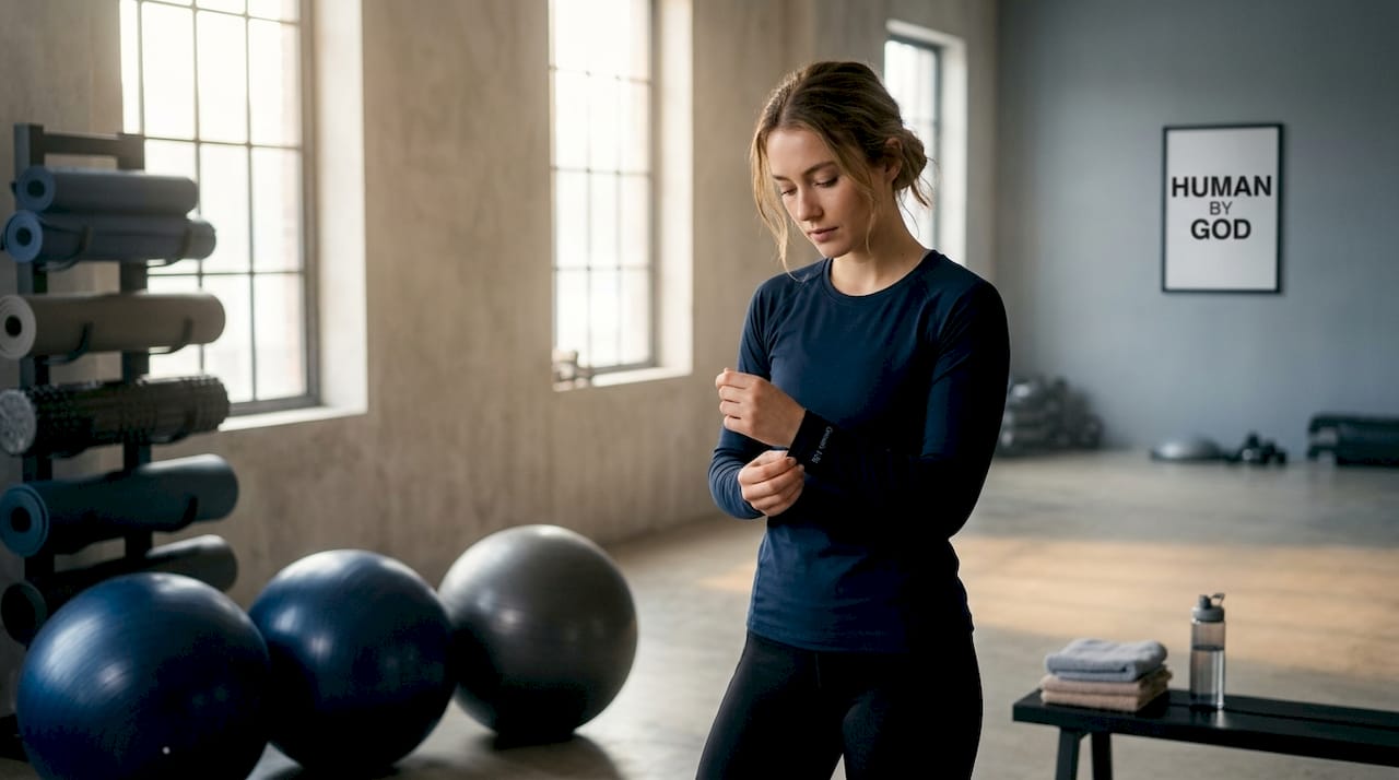 Young woman adjusting modest faith gym shirt sleeve