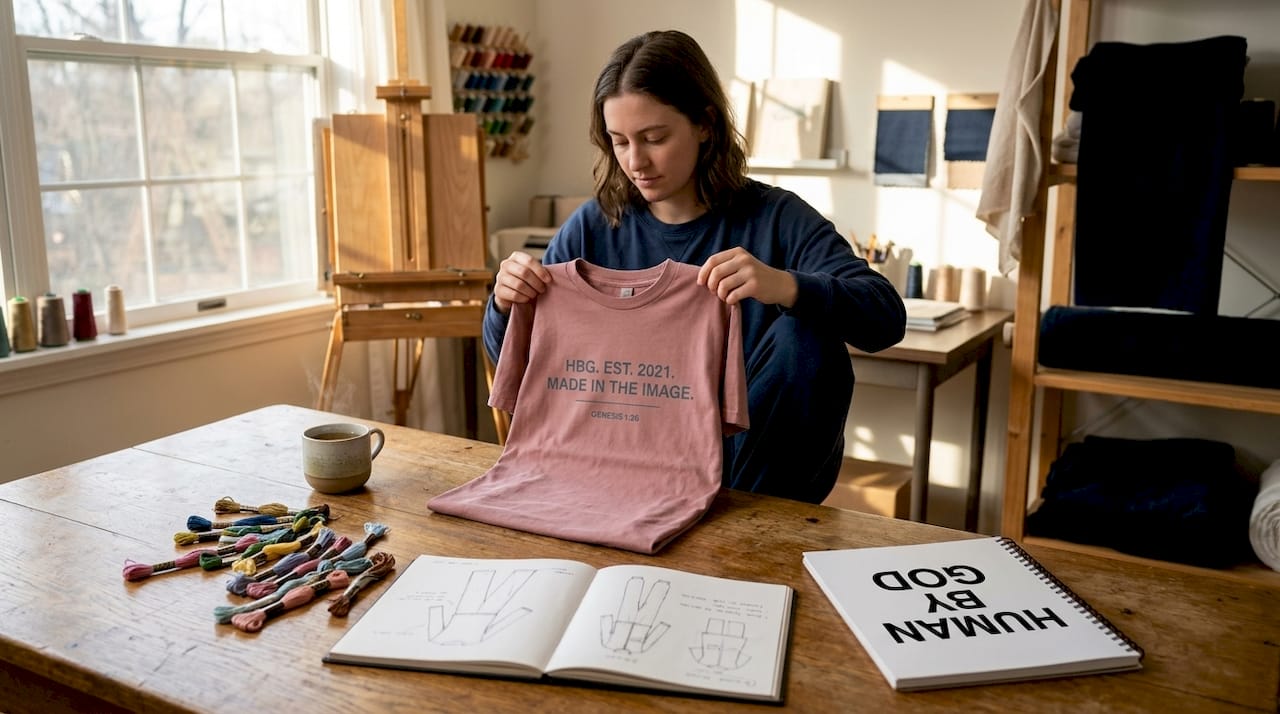 Person folding garment-dyed scripture tee