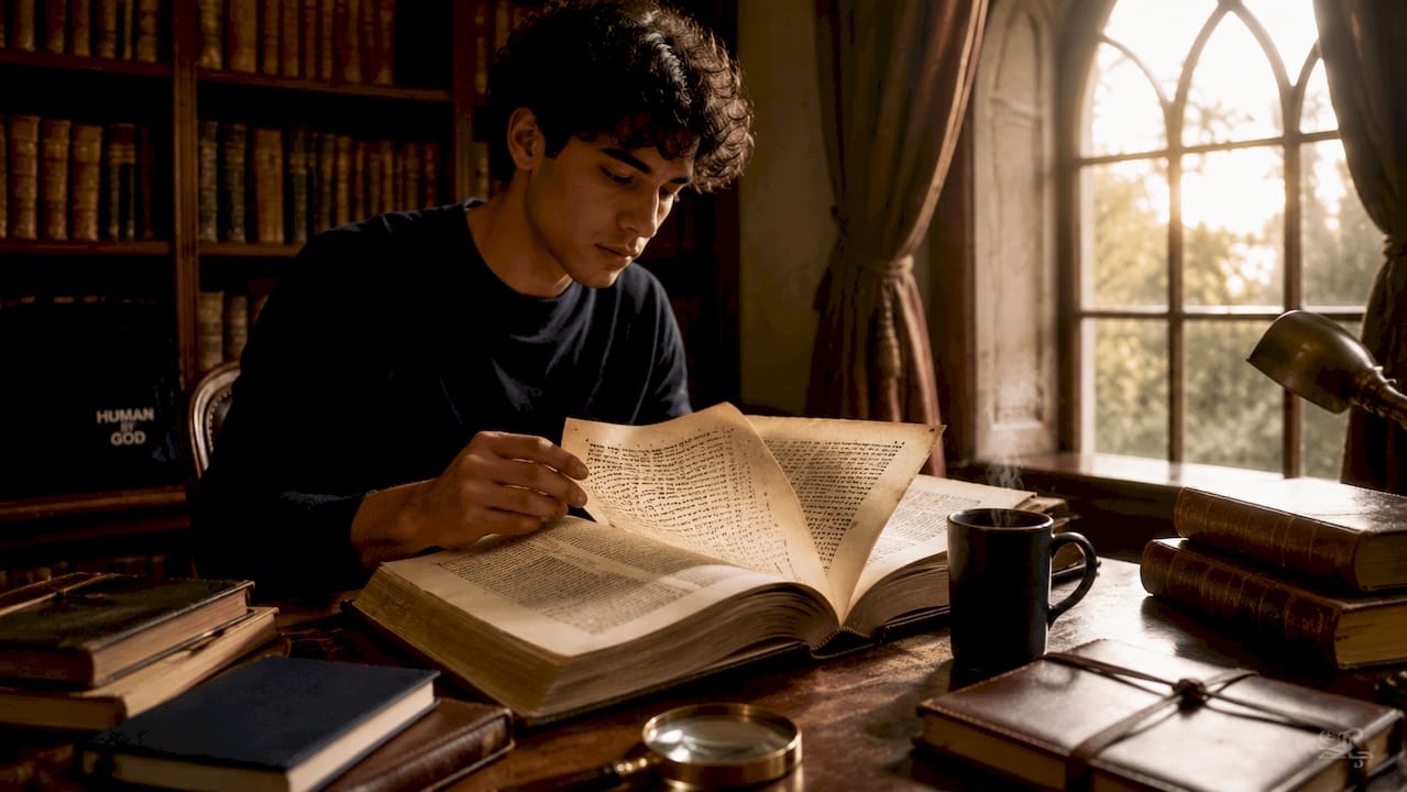 Person studying open Hebrew Bible at wooden desk