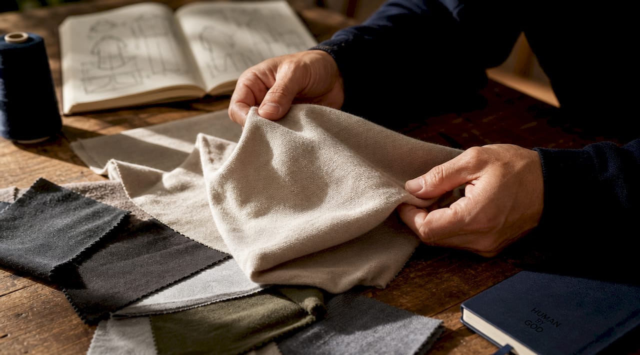 Hand touching dense premium cotton fabric close-up