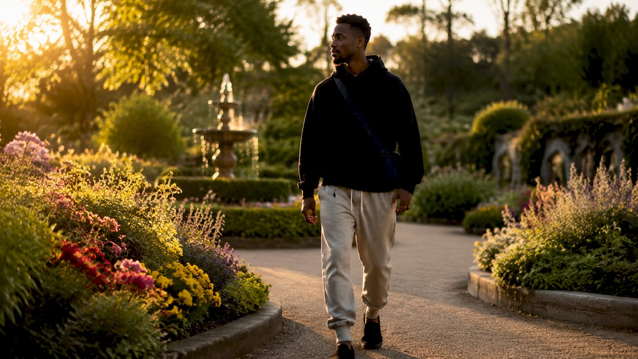 Man walking outdoors in oversized Christian hoodie