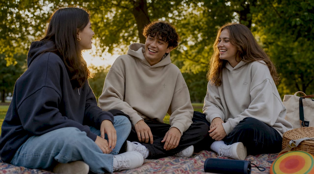 Young Christians wearing oversized hoodies on rooftop