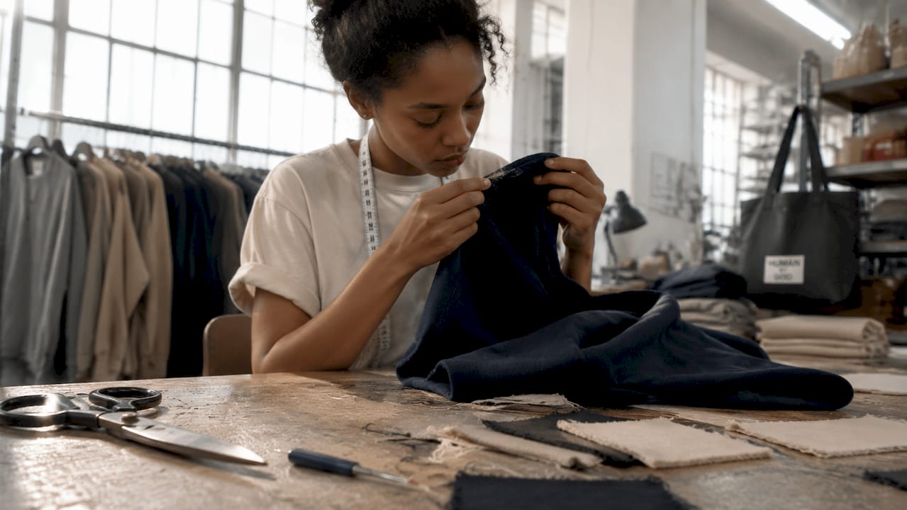 Hands inspecting double-stitched seams on hoodie