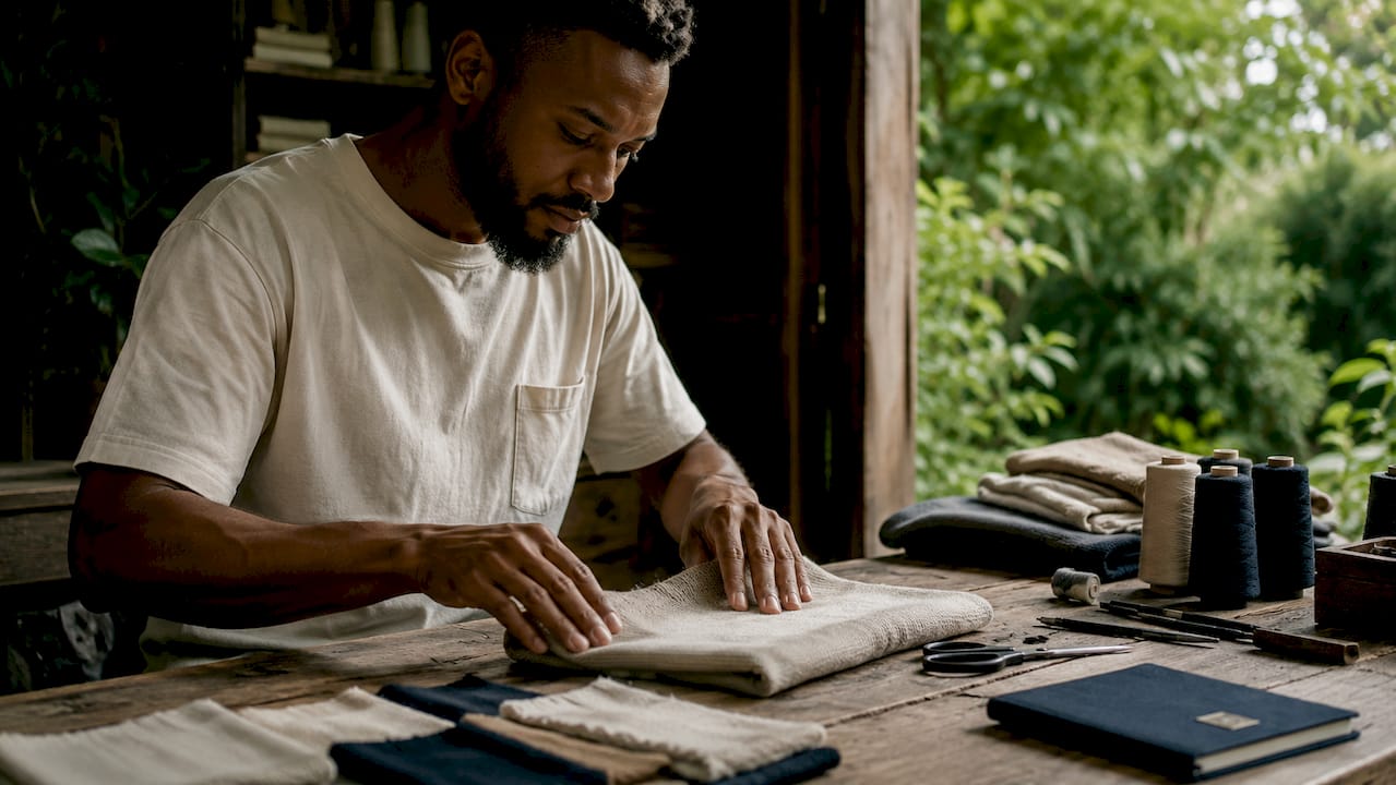 Artisan working on premium Christian knitwear