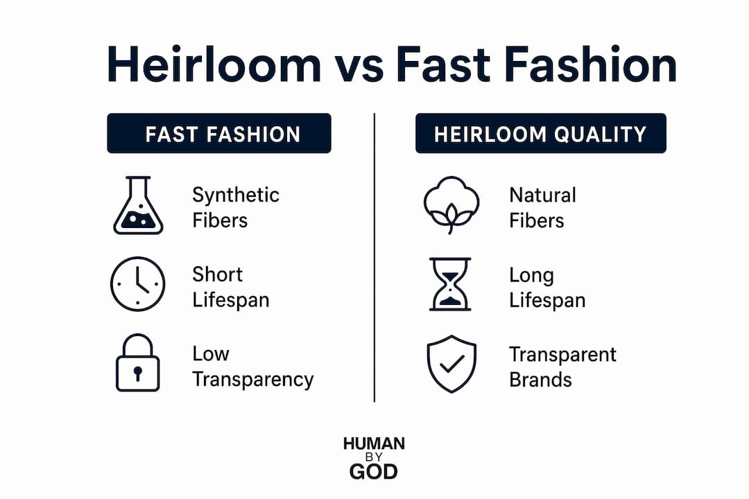 Infographic comparing heirloom and fast fashion Christian apparel