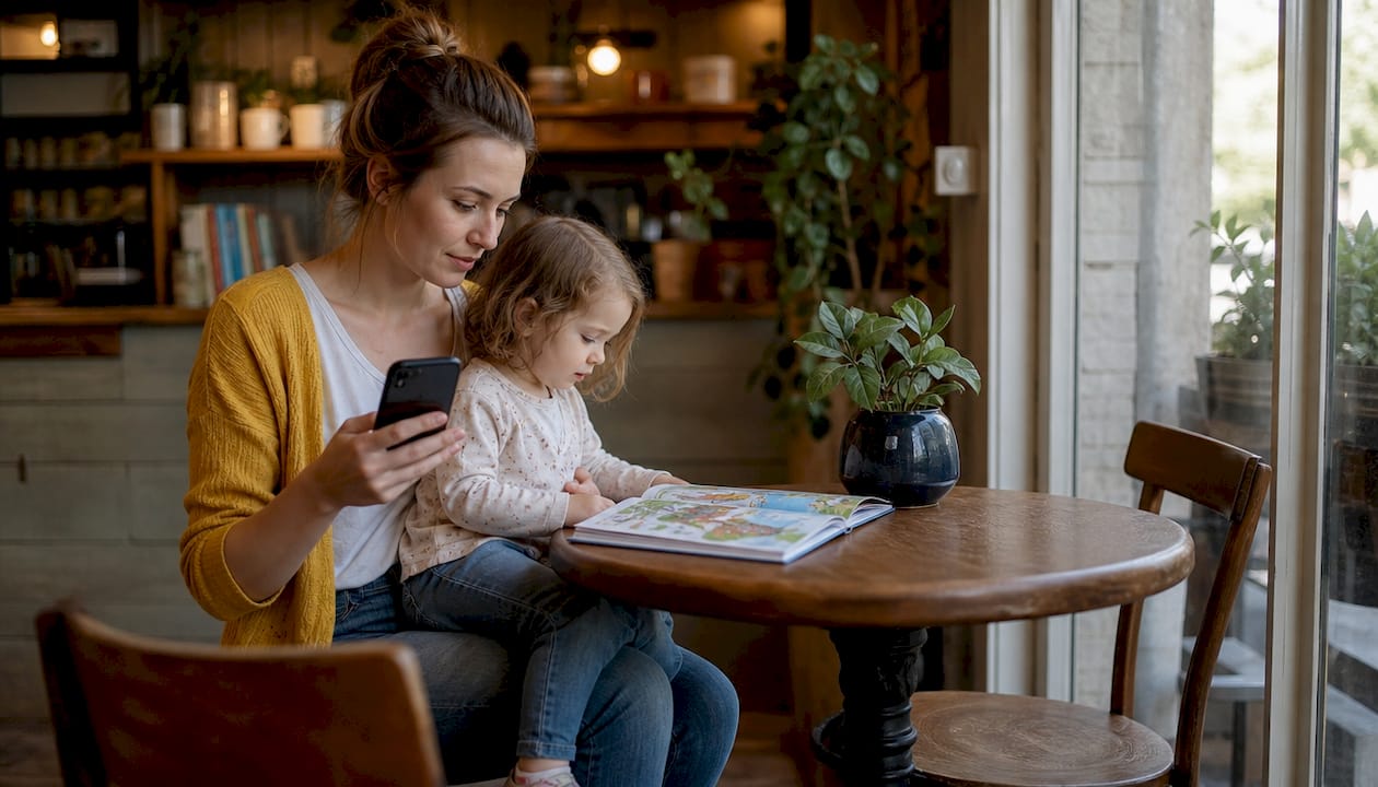Parent consulting consular officer with child