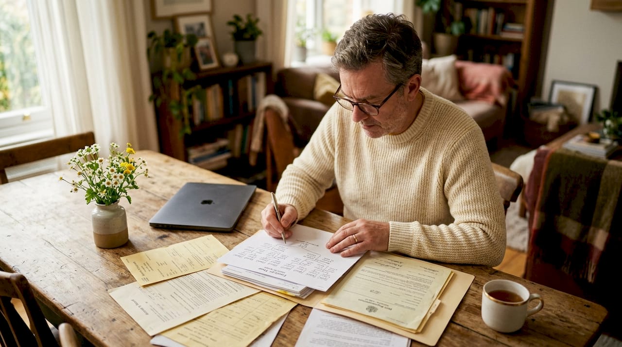 Man reviewing citizenship documents at desk