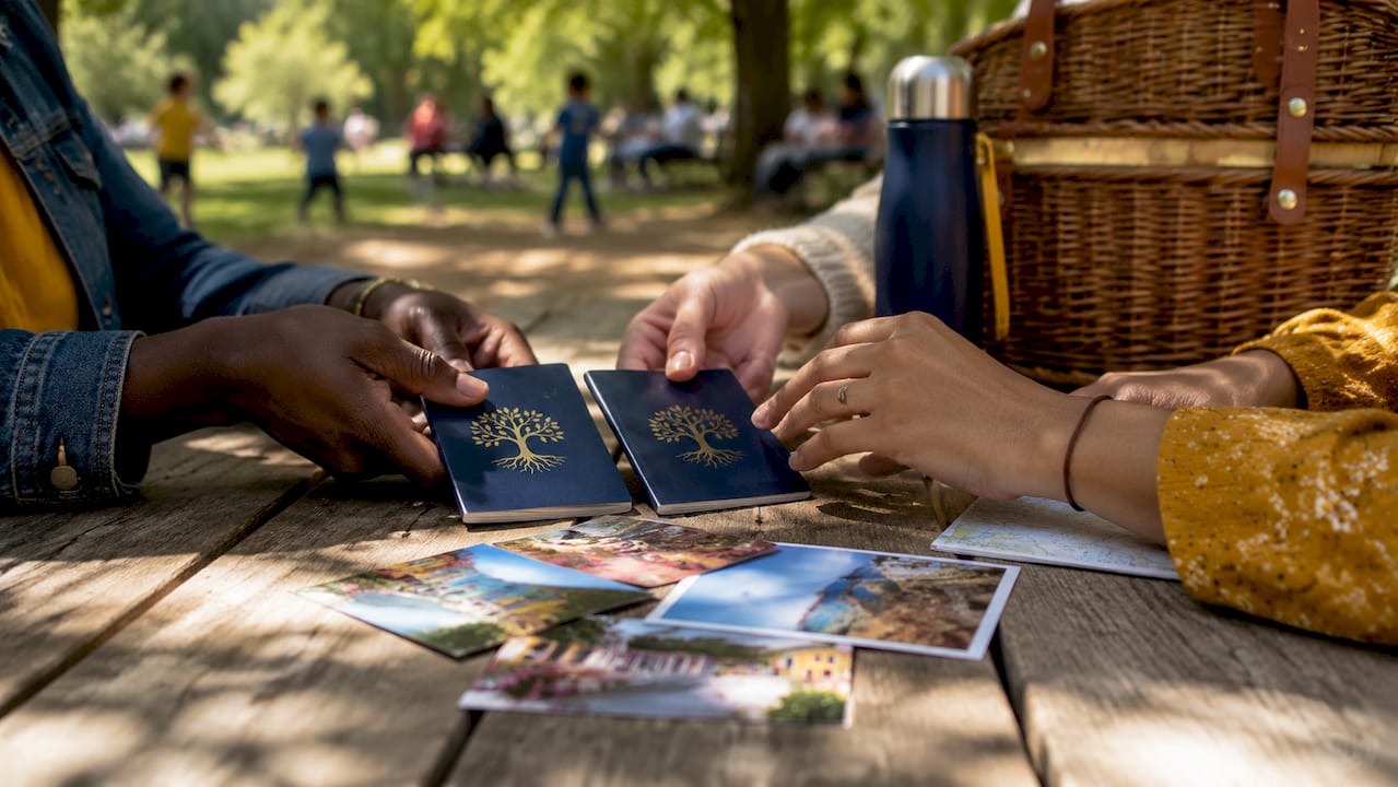Hands holding two different passports closely