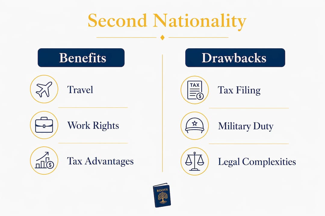 Infographic comparing benefits and drawbacks of second nationality