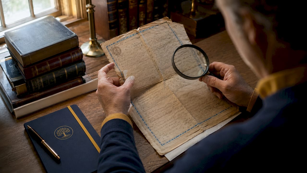 Hands inspecting legal ancestral documents