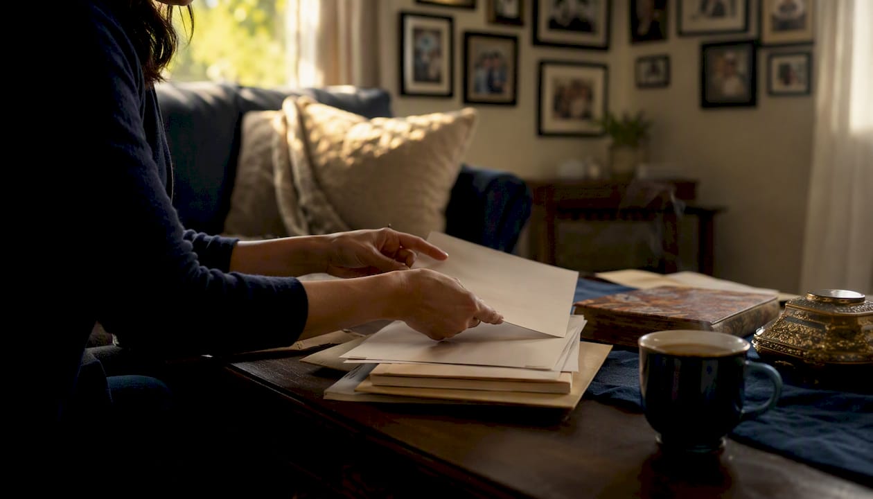 Hands placing child's birth certificate on table