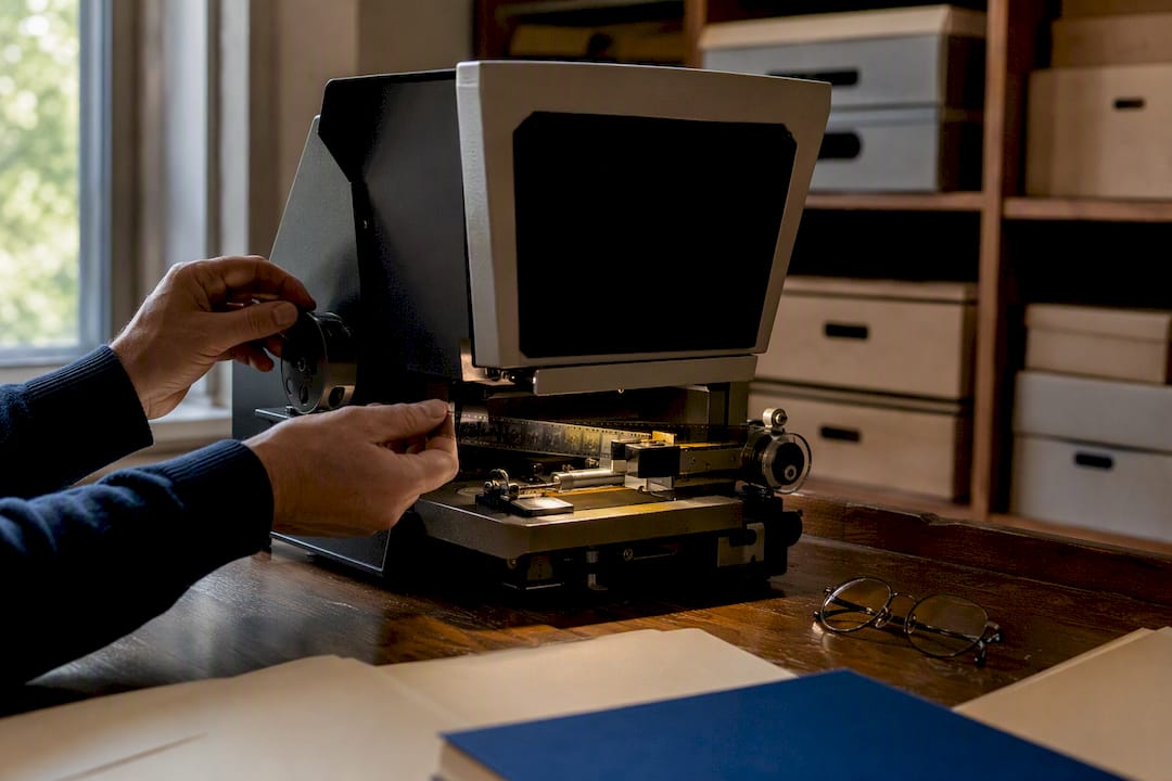Hands operating microfilm reader with archival records