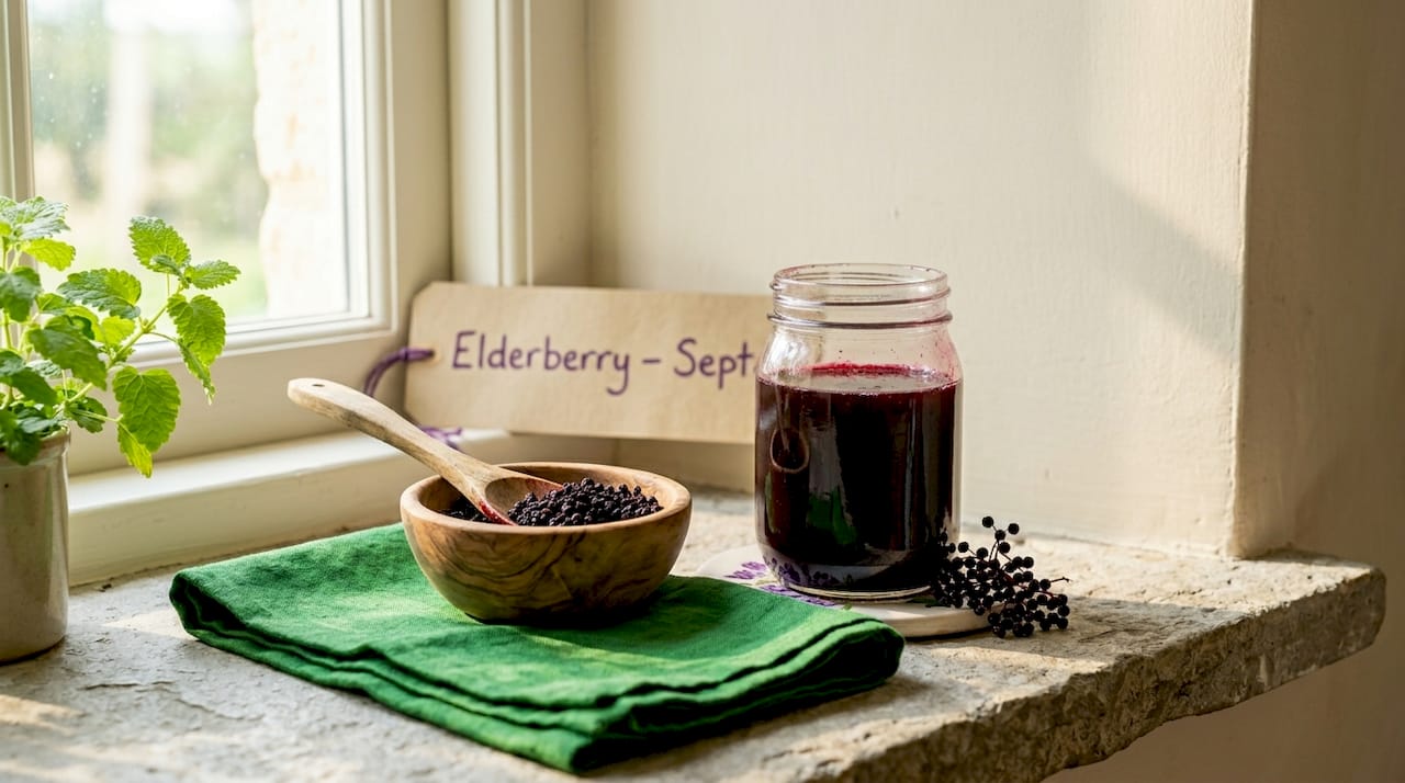 Glass jar of elderberry syrup and loose elderberries