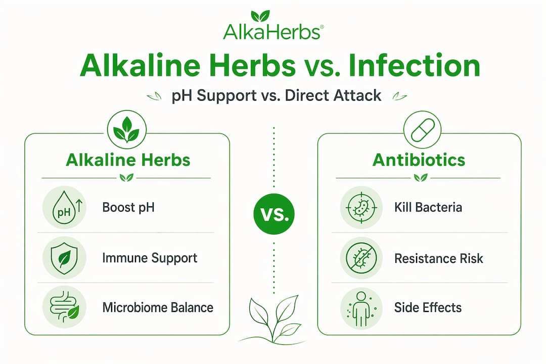 Infographic comparing alkaline herbs and antibiotics