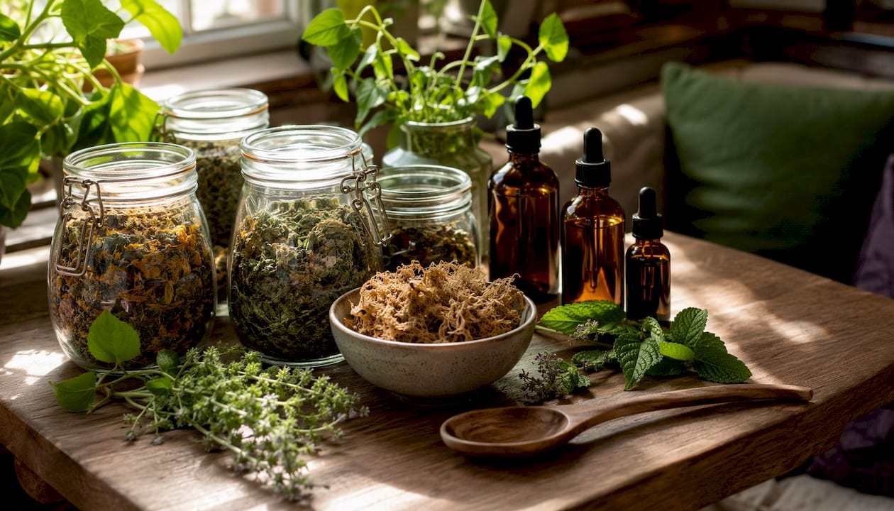 Alkaline herbal products displayed on kitchen shelf
