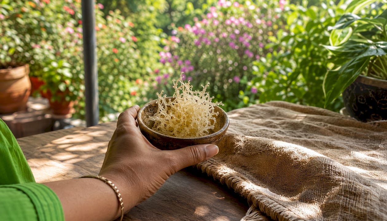 Hand holding Sebian Sea Moss in outdoor setting