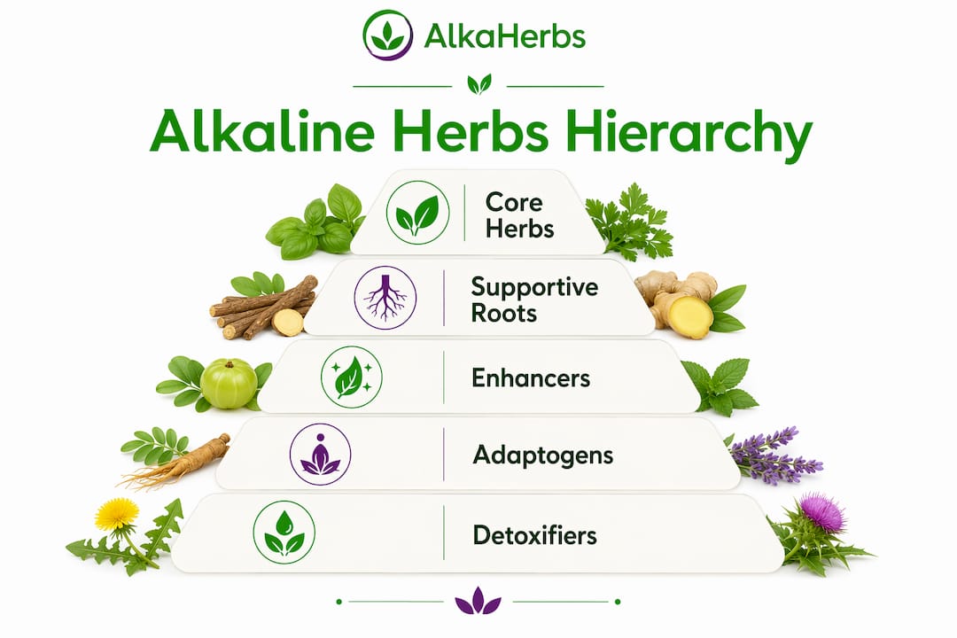 Infographic showing hierarchy of alkaline herbs for vitality