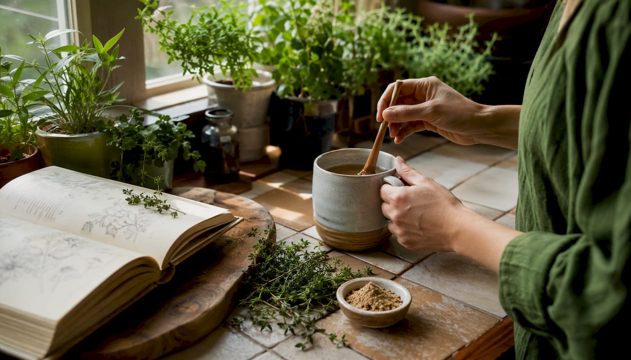 Hands brewing burdock root tea decoction